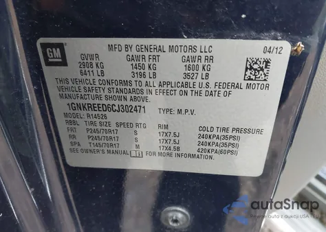 2012 Chevrolet Traverse Ls z USA, uszkodzony, nr VIN 1GNKREED6CJ302471